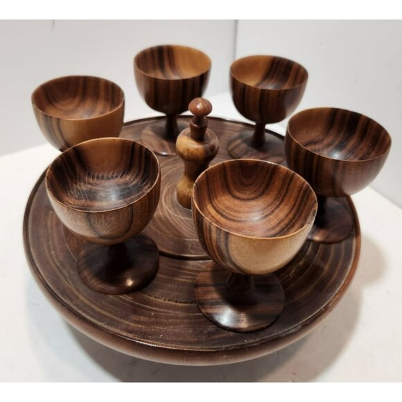 Vintage Mid Century Modern Wooden Wine Goblets with 6 Goblets and Tray - Picture 3 of 15